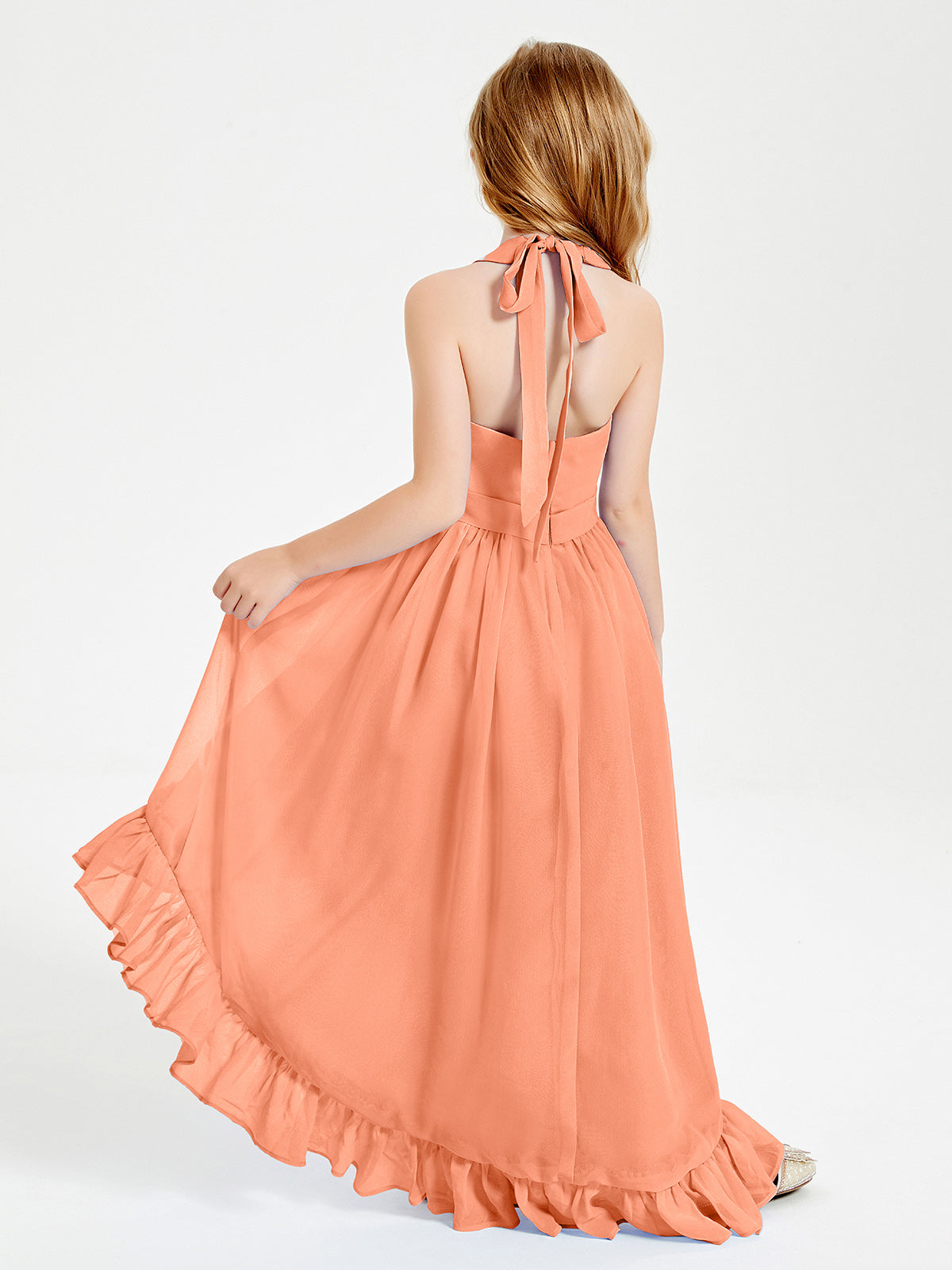 Trendy Boho Junior Bridesmaid Dresses Asymmetrical Cascading Skirt Papaya